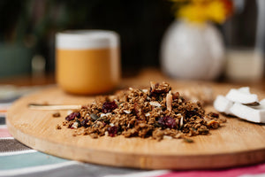Just So Good Ginger Pecan granola with cranberries, coconut chips, crystallised ginger and stem ginger, cinnamon,  maple syrup, molasses and organic virgin coconut oil - anti-inflammatory and high in fibre.