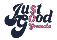 The Just So Good Granola logo in 70s vintage style font using dark blue and pink colours for a bright strong brand image