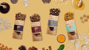 nutritious and delicious homemade luxury superfood granola. four exciting flavours including mint choc-chip, almond date, ginger pecan and turmeric citrus